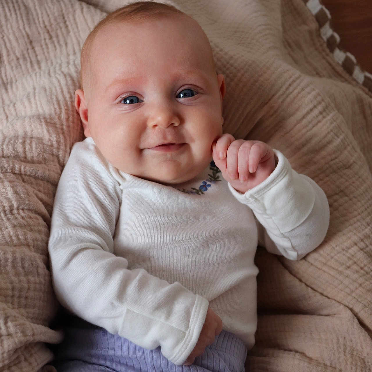 Marilyn joined the competition — help win amazing prizes! baby, bodypart, clothing, couch, cushion, face, finger, furniture, hand, happy, head, homedecor, knitwear, newborn, pants, person, photography, portrait, smile, sweater