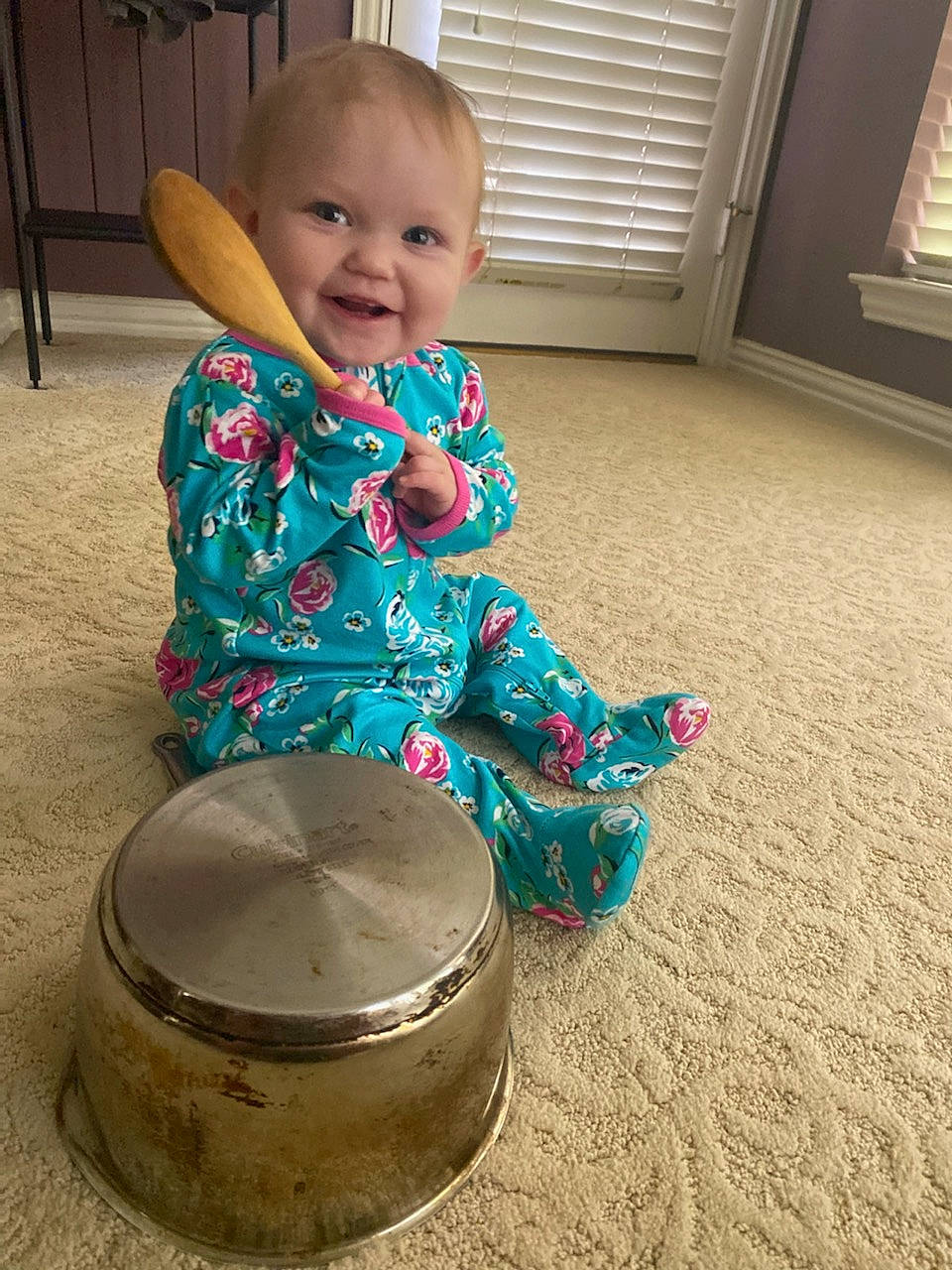 Chloe joined the competition — help win amazing prizes! baby, baby_laughing, baby_toddler_clothing, child, comfort, flooring, fun, happy, hat, idiophone, person, play, sitting, sleeve, smile, soil, toddler, window, window_blind, wood