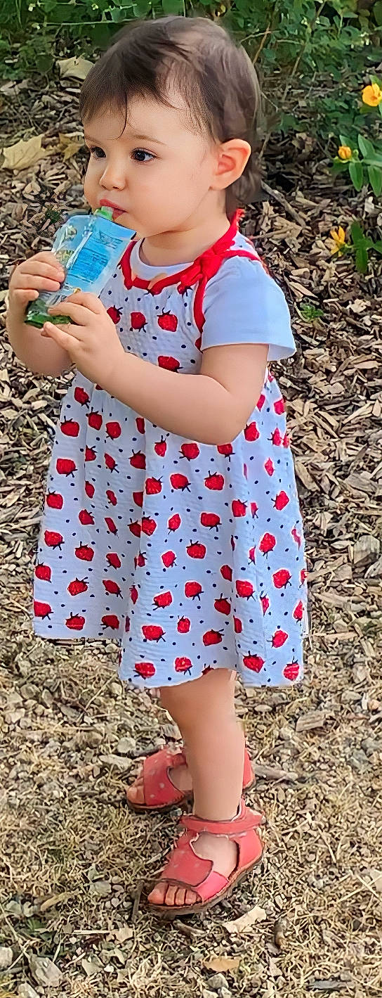 Sana participe au concours pour gagner de l'argent avec cette photo : baby_toddler_clothing, day_dress, dress, grass, green, hairstyle, joint, one_piece_garment, outerwear, people_in_nature, person, pink, plaid, product, shoulder, sleeve, t_shirt, tartan, textile, toddler