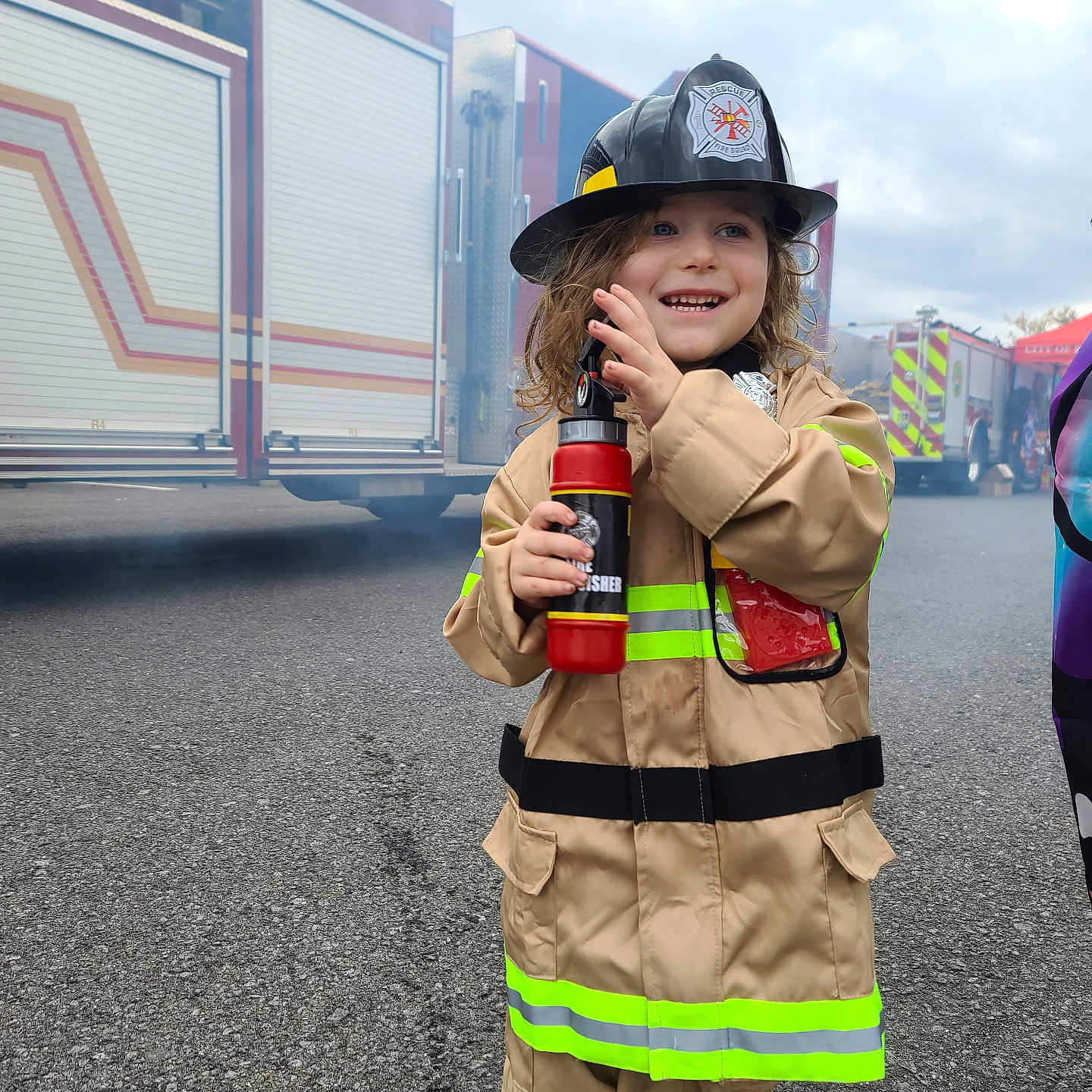 Ace joined the competition — help win amazing prizes! bottle, boy, child, clothing, costume, face, fireman, footwear, hardhat, head, helmet, male, person, photography, portrait, shaker, shoe, transportation, truck, vehicle
