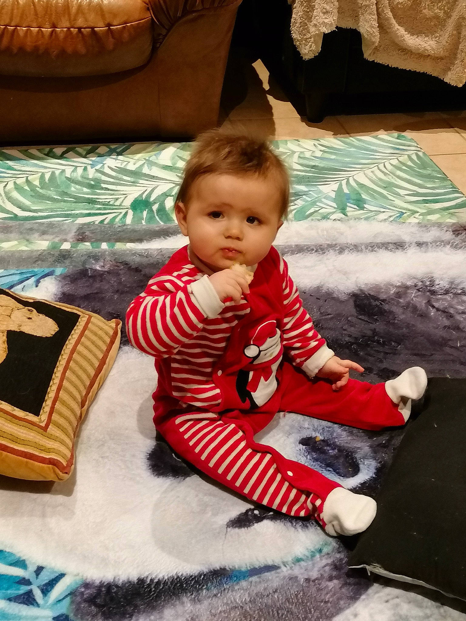 Antonin participe au concours pour gagner de l'argent avec cette photo : baby, baby_toddler_clothing, carpet, child, comfort, couch, design, floor, flooring, linens, pattern, person, pillow, play, product, sitting, sleeve, t_shirt, toddler, tree