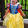 Aitana is registered to the contest to win money with this photo: child, girl, smiling, princess_costume, snow_white, dress, yellow_skirt, blue_bodice, red_sleeves, outdoor, greenery, stone_path, wooden_railings, happy, playful, portrait, cute, fashion, costume, childhood