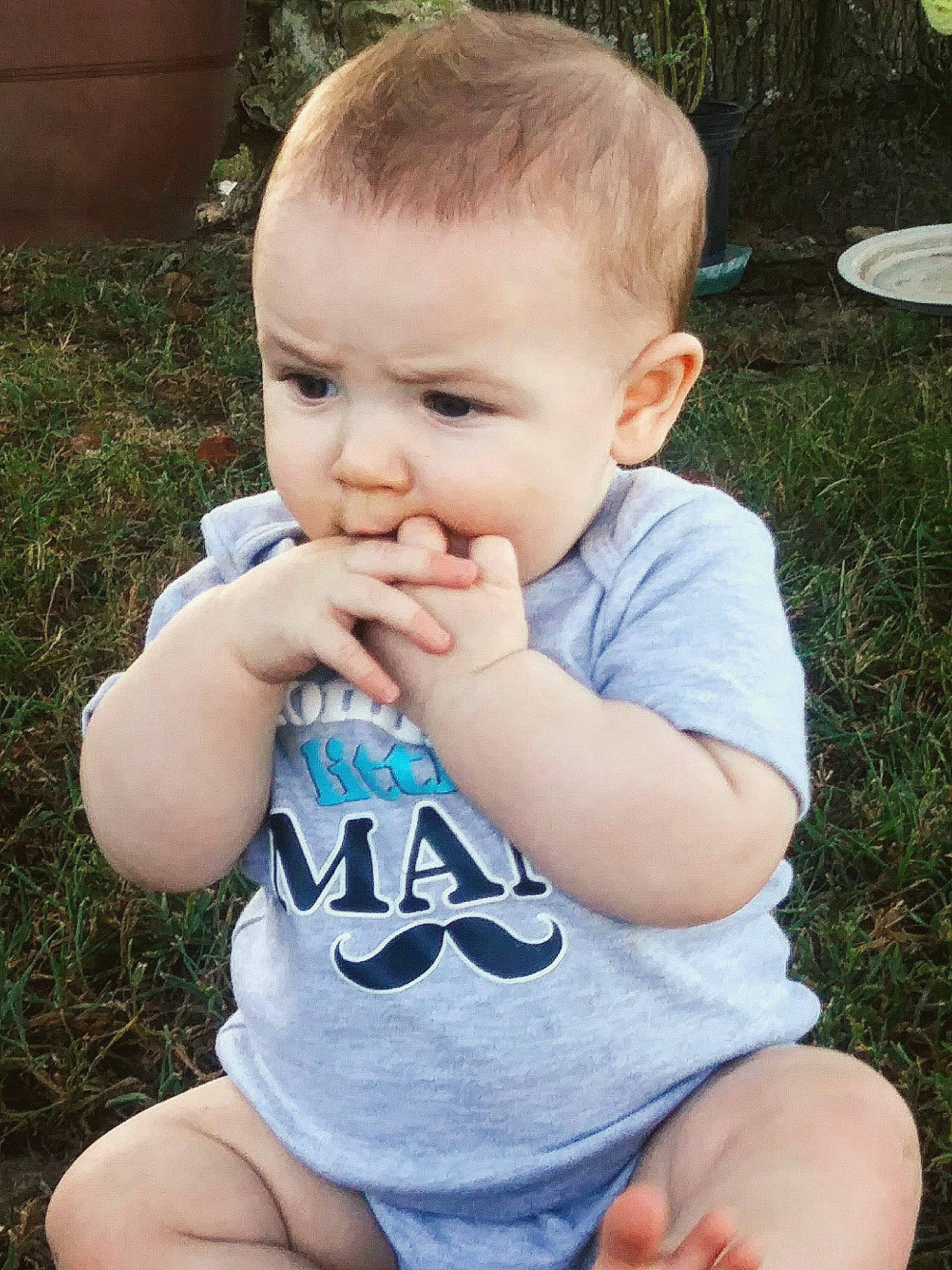 Asher is registered to the contest to win money with this photo: baby, baby_toddler_clothing, cheek, child, cool, eye, face, finger, grass, hand, head, nose, person, plant, sitting, skin, summer, toddler, vacation