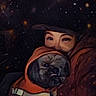 animal, closeup, companionship, cozy, cute, dark, dog, face, friendship, hood, jacket, mystical, night, outdoor, person, pet, portrait, snuggling, starry_background, warm_clothing