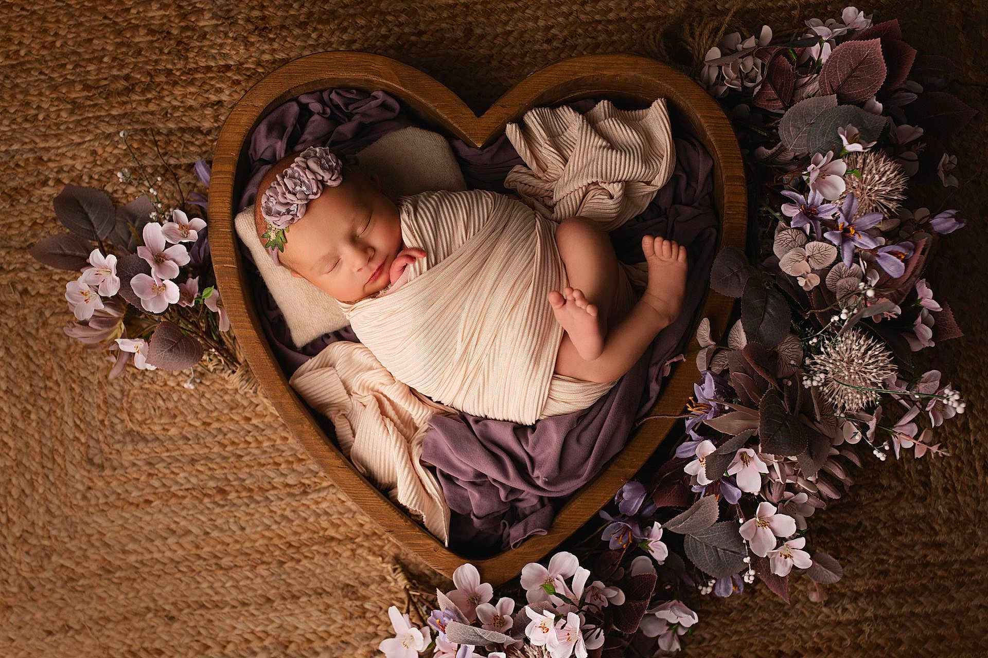 Mila participe au concours pour gagner de l'argent avec cette photo : newborn, baby, sleeping, wrapped, heart_shaped_bowl, wooden_bowl, flowers, purple_flowers, pink_flowers, blanket, headband, flower_headband, soft_lighting, portrait, infant, peaceful, cozy, cocoon, floor_rug, decorative