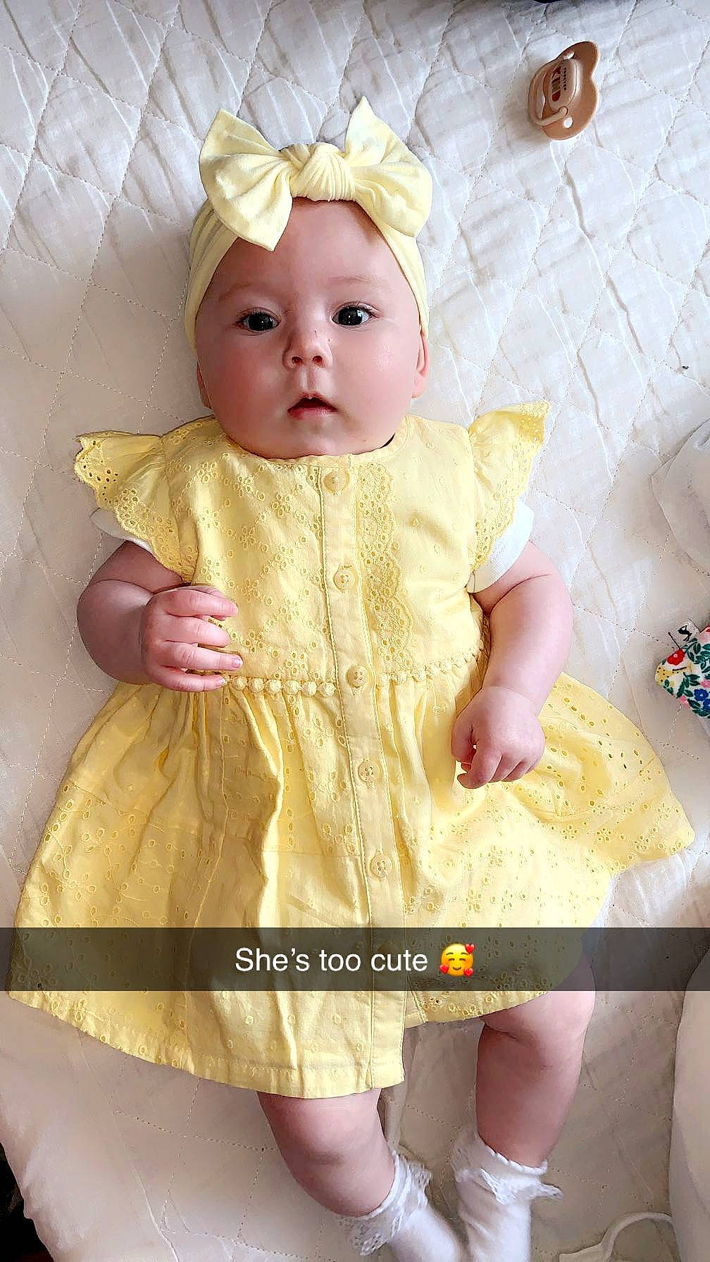 Esmae is registered to the contest to win money with this photo: baby, baby_toddler_clothing, cheek, child, doll, dress, eye, eyelash, happy, linens, pattern, peach, person, pink, product, skin, sleeve, thigh, toddler, white