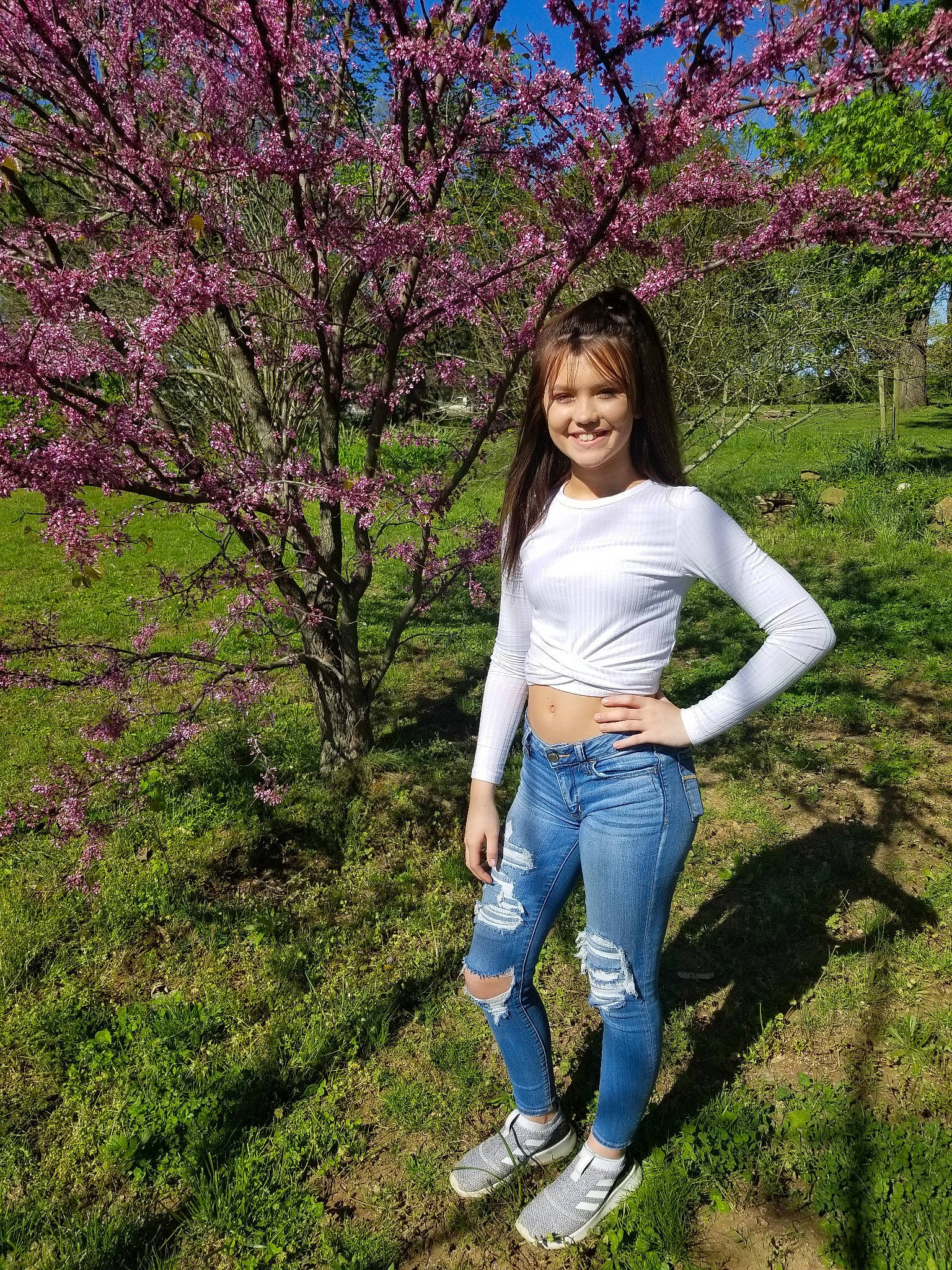 Elliana joined the competition — help win amazing prizes! beauty, blossom, botany, branch, cherry_blossom, denim, electric_blue, flower, grass, happy, jeans, joy, leisure, long_hair, people_in_nature, person, photography, plant, smile, spring