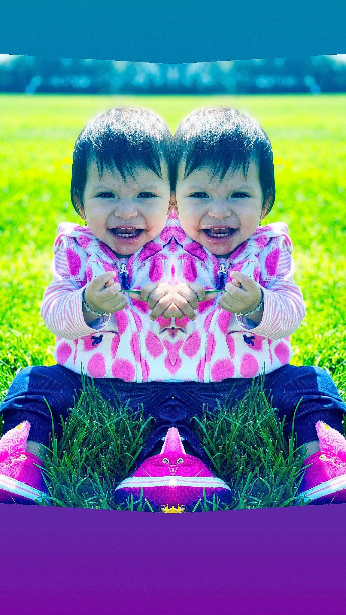 Amy joined the competition — help win amazing prizes! baby, baby_toddler_clothing, eye, fun, grass, green, happy, iris, nature, people_in_nature, person, photograph, pink, purple, skin, sky, smile, t_shirt, toddler, vertebrate