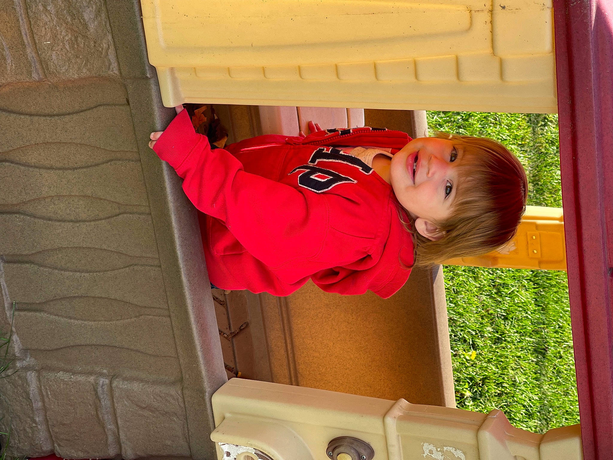 Enmerson joined the competition — help win amazing prizes! baby, baby_toddler_clothing, child, door, flooring, fun, happy, hardwood, house, joy, leisure, magenta, outdoor_play_equipment, person, pink, plant, play, room, toddler, tree