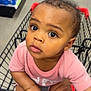 toddler, child, shopping_cart, grocery_store, curious, holding, pink_shirt, face, eyes, hands, floor, water_bottles, sitting, person, retail, indoor, expression, clothing, baby, cart