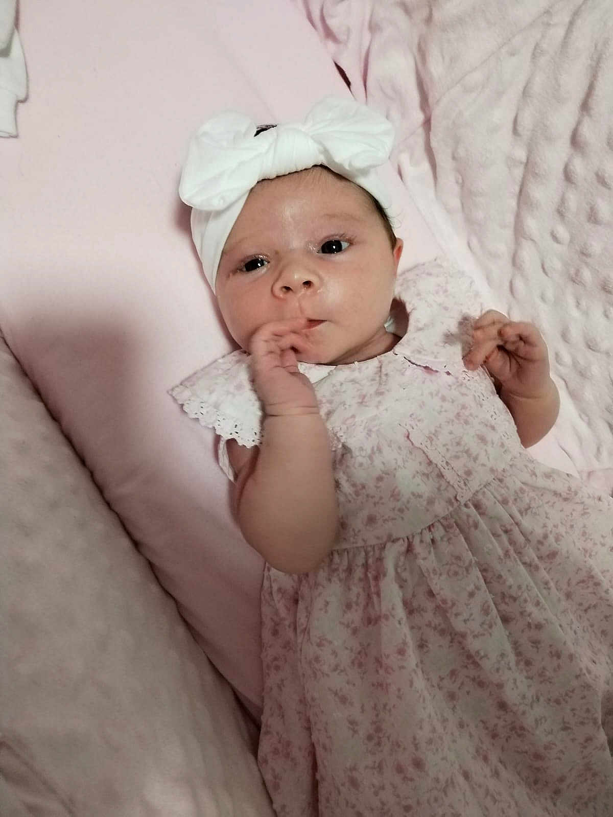 Isla joined the competition — help win amazing prizes! baby, infant, child, girl, headband, bow, floral_dress, pink, blanket, soft_texture, cute, portrait, lying_down, hand_near_mouth, indoors, newborn, toddler, face, skin, expression