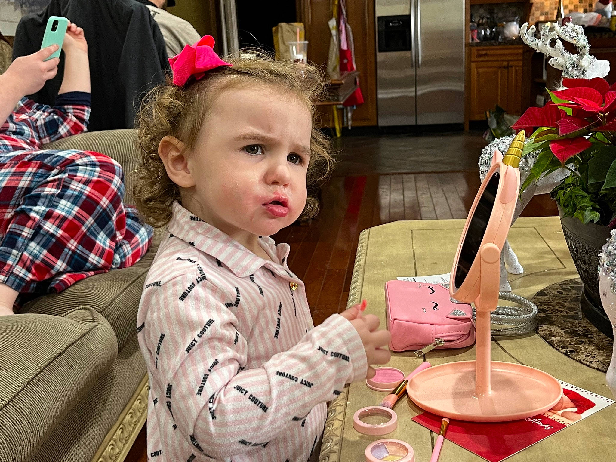 Brynlee joined the competition — help win amazing prizes! birthday, chair, child, christmas, event, flower, flower_arranging, hairstyle, happy, holiday, pattern, person, pink, plaid, plant, sitting, table, tartan, toddler, vacation