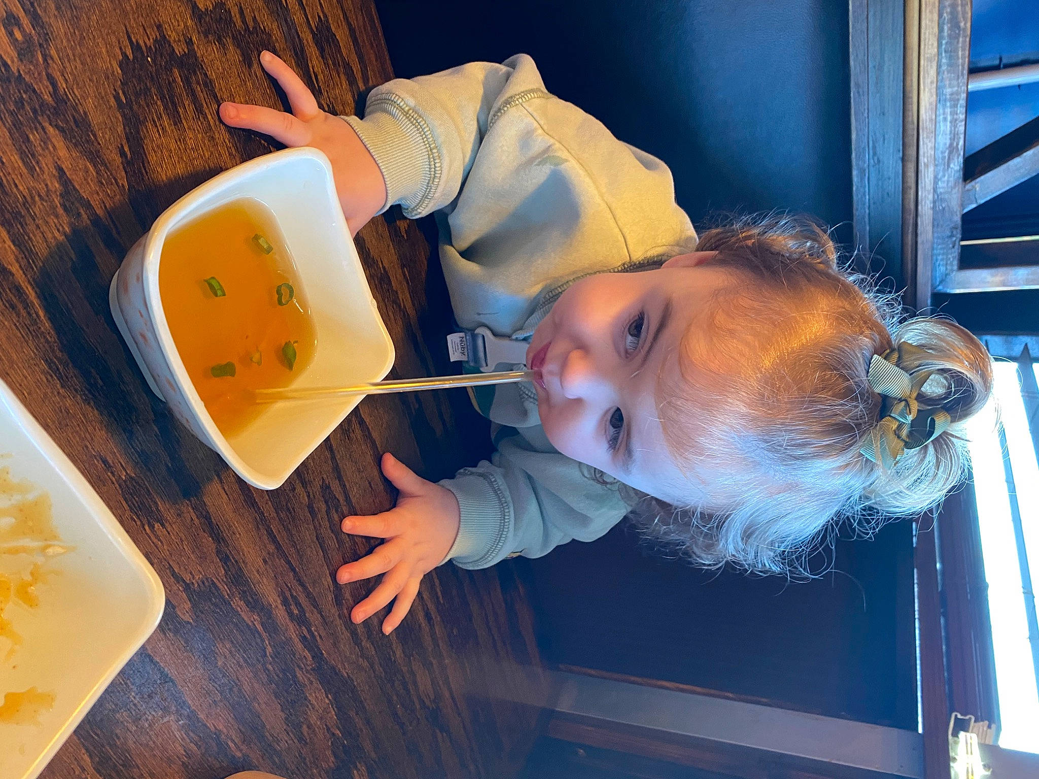 Brynlee joined the competition — help win amazing prizes! breakfast, child, comfort_food, drink, electric_blue, food, fun, ingredient, orange, person, plate, room, serveware, tableware, toddler, wood