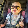 Rosalina is registered to the contest to win money with this photo: baby, sunglasses, heart_shaped, stroller, child, smiling, happy, seatbelt, outdoor, reflection, clothing, cute, infant, seat, person, toddler, fashion, summer, portrait, fun