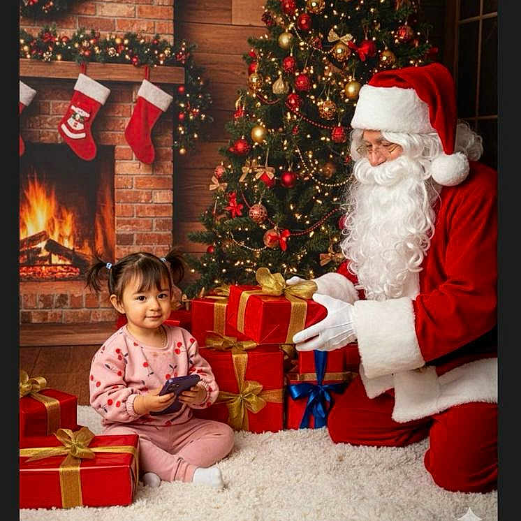 Valeria Labrador is registered to the contest to win money with this photo: carpet, celebration, child, christmas_lights, christmas_tree, decorations, festive, fireplace, gift_boxes, happy, holiday, indoors, ornaments, presents, red_clothing, santa_claus, smiling, stockings, toddler, white_gloves