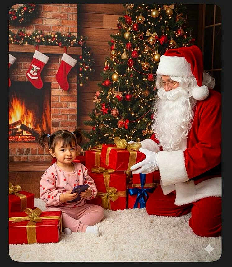 Valeria Labrador is registered to the contest to win money with this photo: child, toddler, santa_claus, christmas_tree, presents, gift_boxes, fireplace, stockings, holiday, festive, decorations, red_clothing, white_gloves, smiling, indoors, carpet, ornaments, christmas_lights, happy, celebration