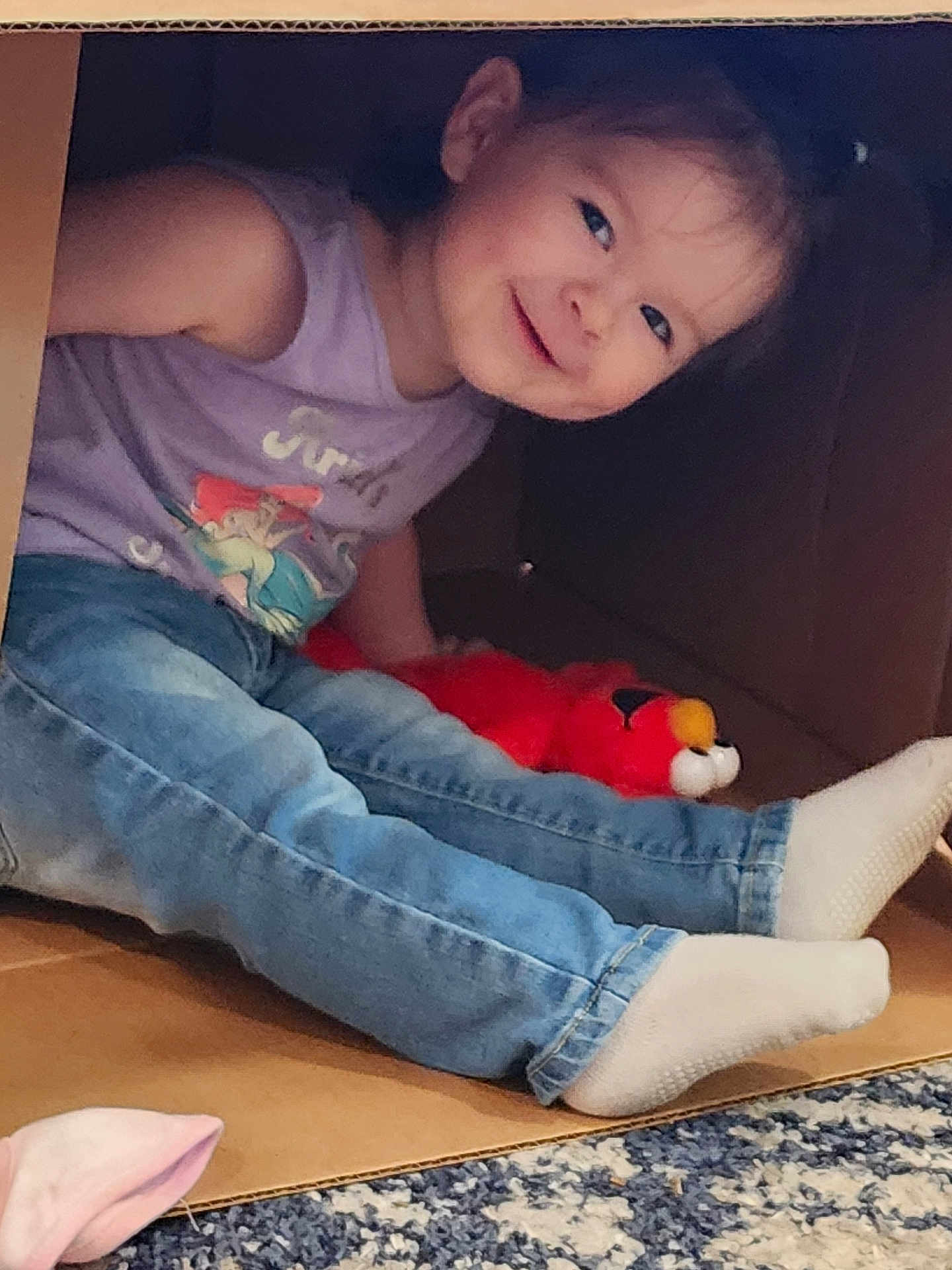 Fiadh is registered to the contest to win money with this photo: child, smiling, jeans, purple_shirt, stuffed_toy, red_toy, cardboard_box, indoor, socks, carpet, floor, playful, happy, casual_clothing, person, cute, portrait, young_child, sitting, cozy