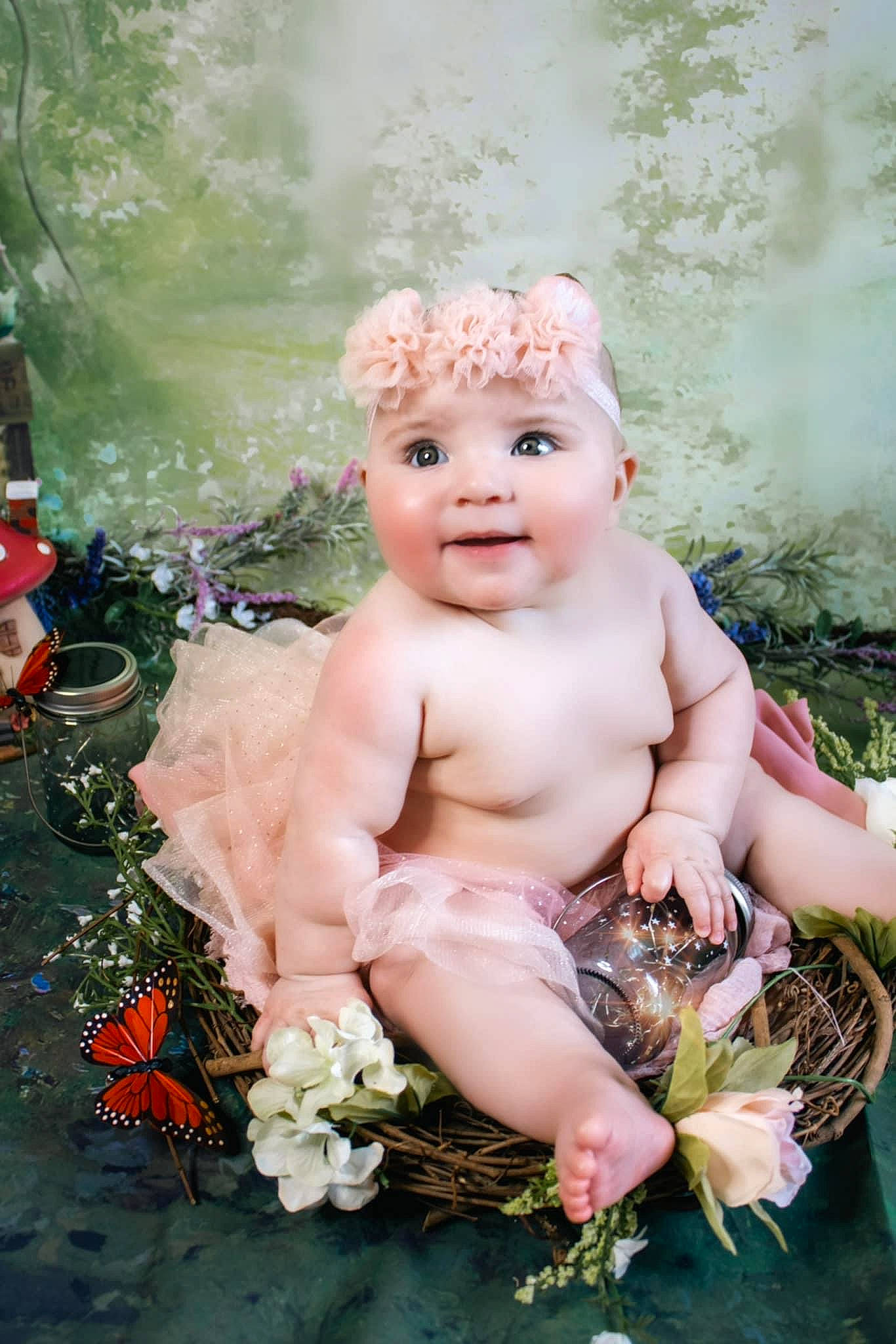 Wynter joined the competition — help win amazing prizes! baby, baby_toddler_clothing, butterfly, child, fashion_accessory, flower, grass, happy, headband, headpiece, headwear, lawn_ornament, people_in_nature, person, petal, pink, plant, pollinator, product, smile