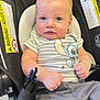 baby, blue_eyes, car_seat, cartoon_character, child, clothing, cute, cute_face, expression, furniture, hands, indoors, infant, person, portrait, seatbelt, sitting, striped_shirt, warning_label, young