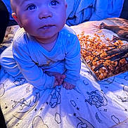 Darron joined the competition — help win amazing prizes! adorable, baby, bed, bedding, blanket, blue_tint, close_up, cute, drool, eyes, face, hands, indoor, infant, looking_up, onesie, patterned_pillow, pillow, sitting, soft_lighting