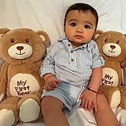 Daniel joined the competition — help win amazing prizes! baby, child, teddy_bear, plush_toy, striped_clothing, blue_and_white, sitting, cute, indoors, portrait, soft_toys, expression, bracelet, white_background, buttoned_shirt, shorts, infant, large_eyes, pout, young
