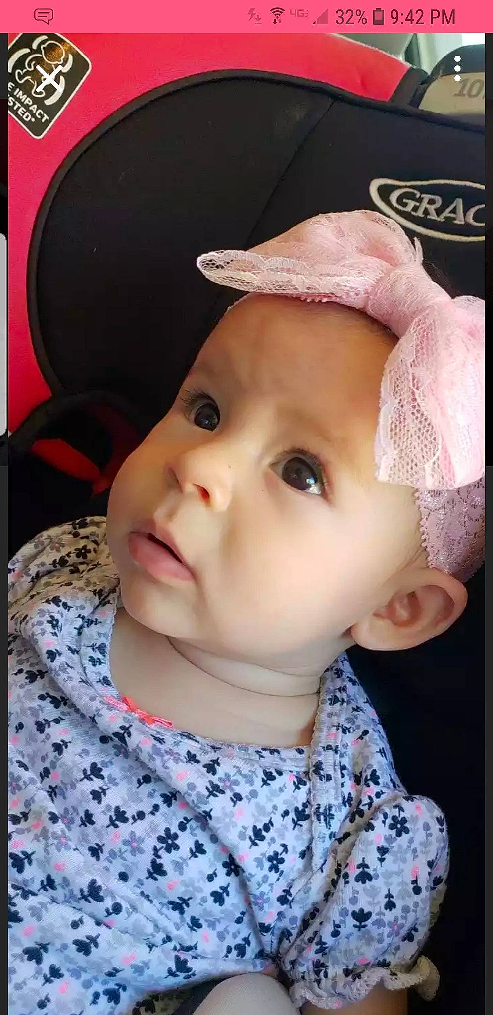 Veronica is registered to the contest to win money with this photo: cheek, child, cool, day, ear, eye, face, forehead, girl, hair_accessory, head, headgear, infant, lip, nose, person, pink, product, skin, toddler