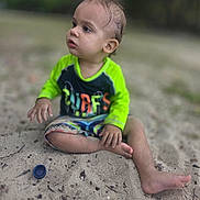Geralt joined the competition — help win amazing prizes! baby, child, toddler, beach, sand, outdoor, sitting, portrait, face, curious, looking_away, short_hair, green_shirt, surf_shirt, colorful_clothing, barefoot, legs, bottle_cap, blurred_background, daylight
