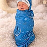 newborn, baby, swaddle, blue, moon, stars, sleeping, hat, fluffy, clouds, lights, nursery, portrait, cute, infant, cozy, soft, resting, child, indoors