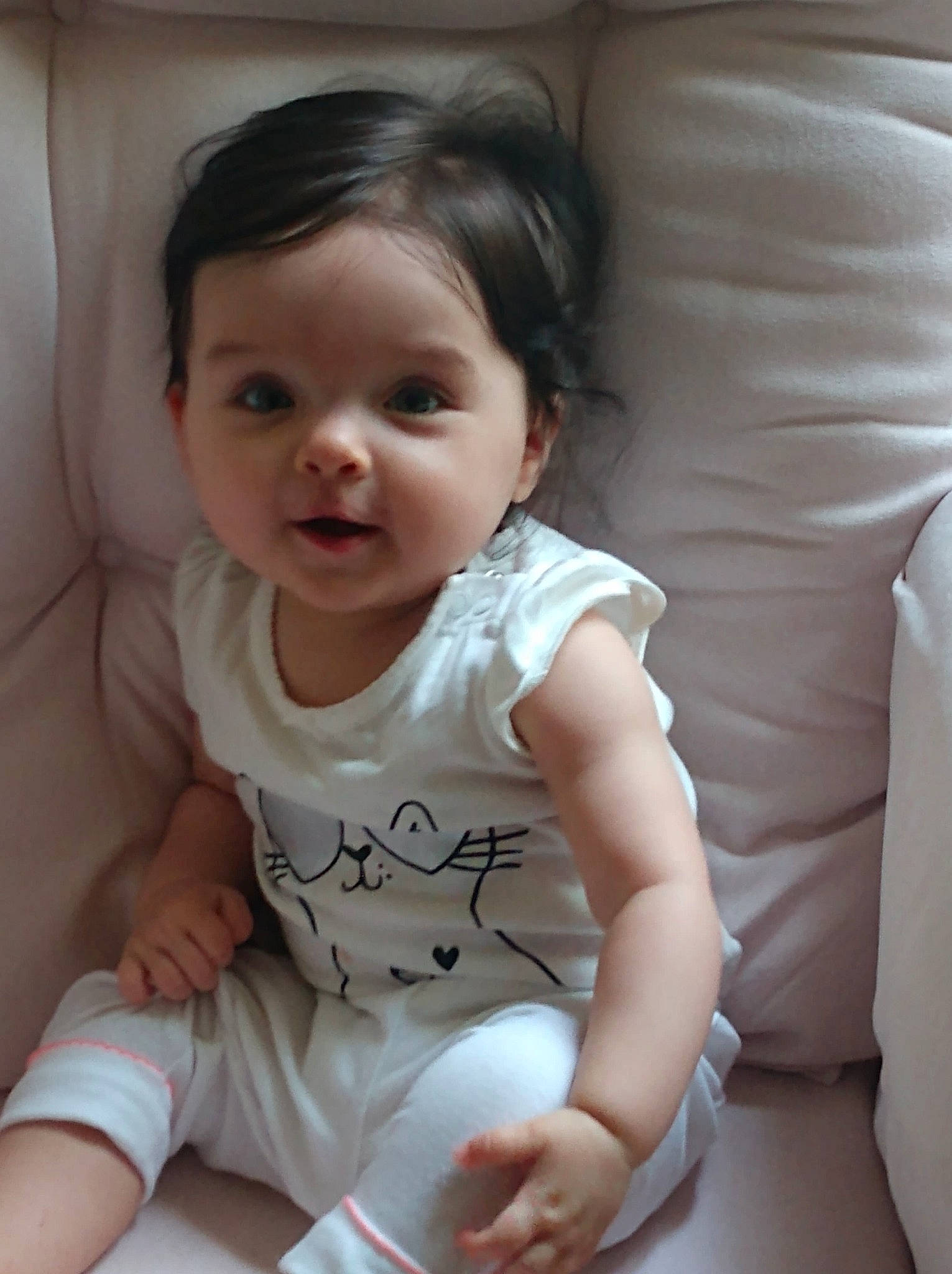 Prim Rose joined the competition — help win amazing prizes! arm, baby, cheek, child, chin, daughter, facial_expression, hand, leg, person, sitting, skin, smile, toddler