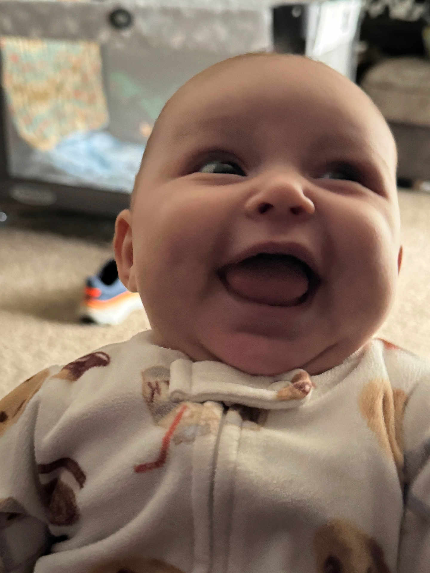 Bayleigh joined the competition — help win amazing prizes! baby, infant, smile, happy, onesie, face, indoor, child, cute, expression, person, cozy, playful, clothing, young, mouth_open, soft_light, home, cheerful, closeup