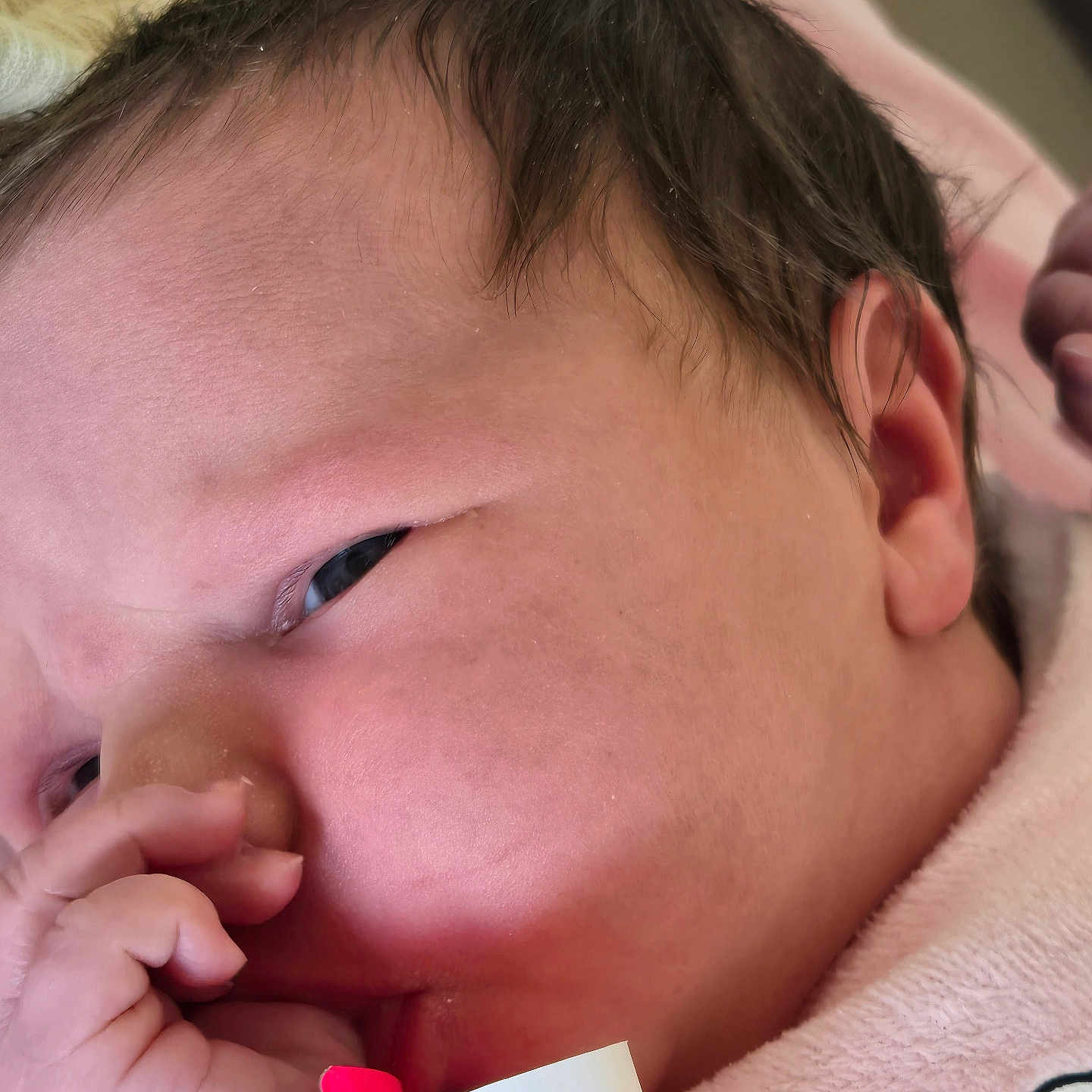 Amélia a rejoint le concours — aidez-le/la à gagner de superbes lots ! baby, child, close_up, cute, ear, face, hair, hand, hospital_wristband, indoors, infant, newborn, pink_blanket, portrait, resting, skin, sleepy, soft_texture, tiny_fingers, young