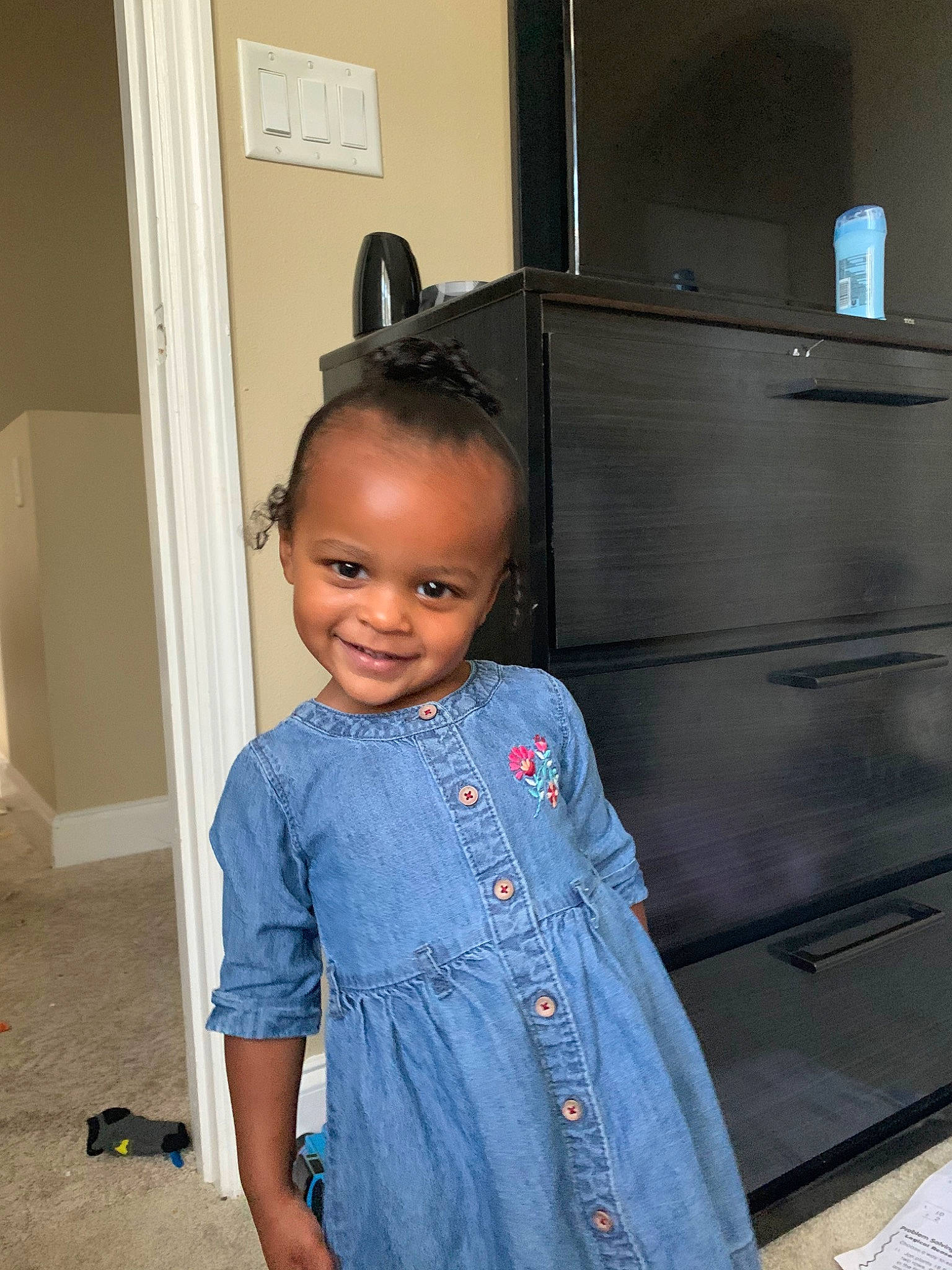Skylar joined the competition — help win amazing prizes! black_hair, child, denim, hair, hairstyle, head, jeans, joy, person, room, sitting, standing, toddler, vacation