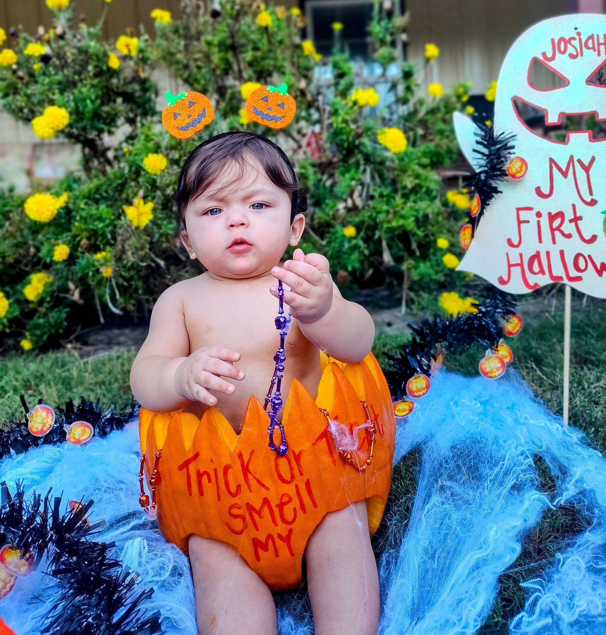 Josiah is registered to the contest to win money with this photo: baby, baby_toddler_clothing, beauty, child, face, facial_expression, flower, fun, grass, happy, leaf, nature, orange, people_in_nature, person, photograph, plant, snapshot, summer, toddler