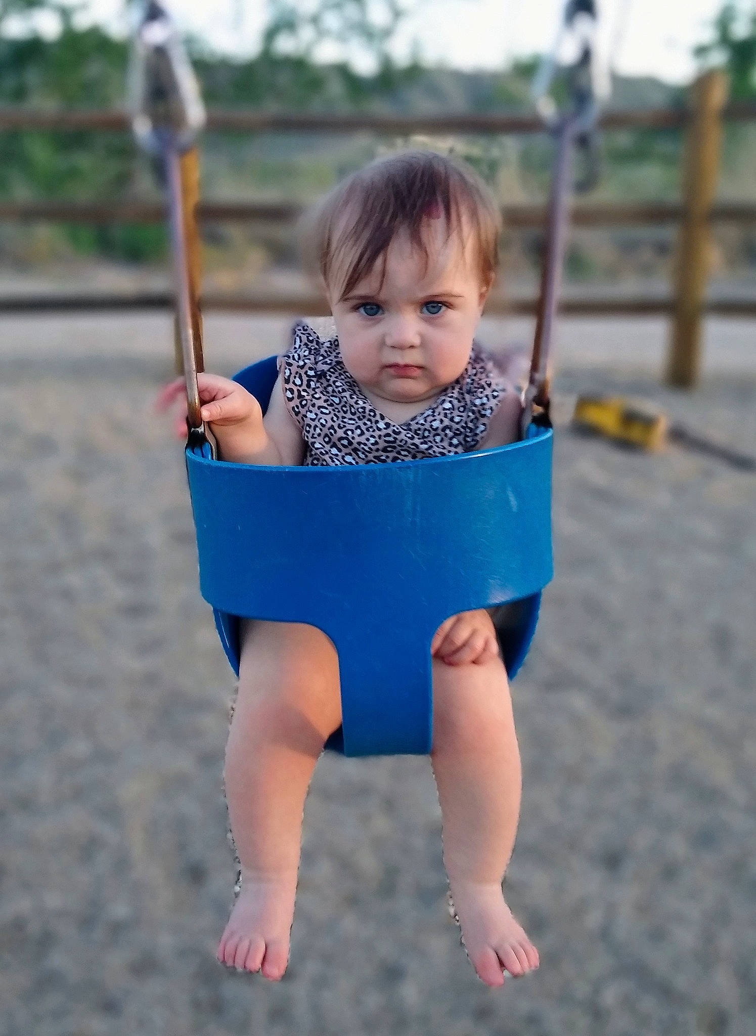 Halle is registered to the contest to win money with this photo: baby, barefoot, beauty, blue, child, fun, human_settlement, leg, outdoor_play_equipment, person, play, playground, public_space, recreation, skin, smile, summer, swing, toddler, tree