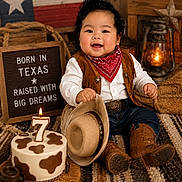 Gideon joined the competition — help win amazing prizes! baby, child, cowboy, hat, boots, bandana, vest, cake, candle, sign, texas_flag, lantern, wood, rope, carpet, smiling, sitting, portrait, indoor, celebration