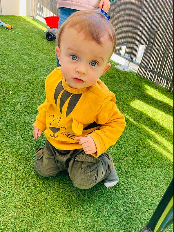 Sacha participe au concours pour gagner de l'argent avec cette photo : baby, baby_toddler_clothing, child, fence, flooring, fun, garden, grass, grass_family, landscaping, lawn, leisure, mesh, outdoor_play_equipment, people_in_nature, person, plant, recreation, sitting, surprise