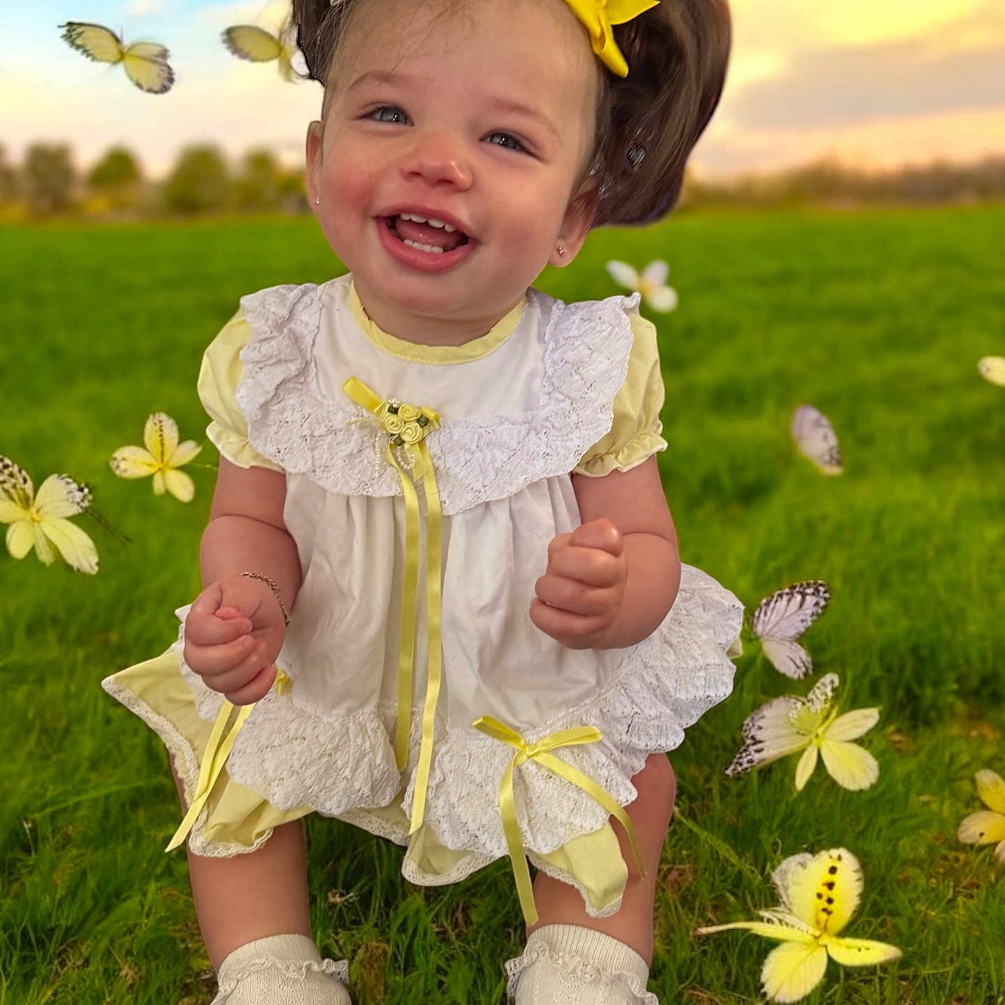Eden-Belle is registered to the contest to win money with this photo: baby, clothing, daisy, dress, face, field, flower, footwear, grass, grassland, happy, head, lawn, nature, outdoors, person, petal, photography, plant, portrait