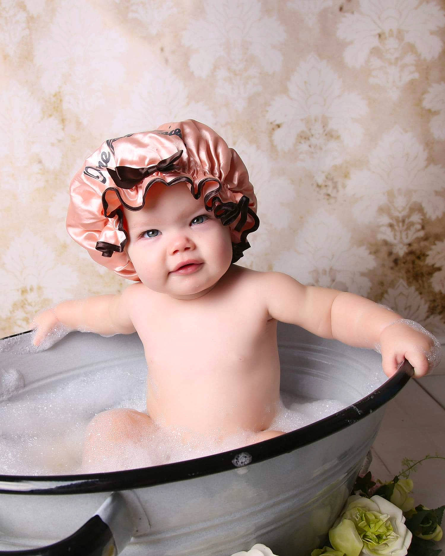 Ella-mai Tolley joined the competition — help win amazing prizes! baby, bathing, child, hair_accessory, headgear, headpiece, headwear, person, petal, photography
