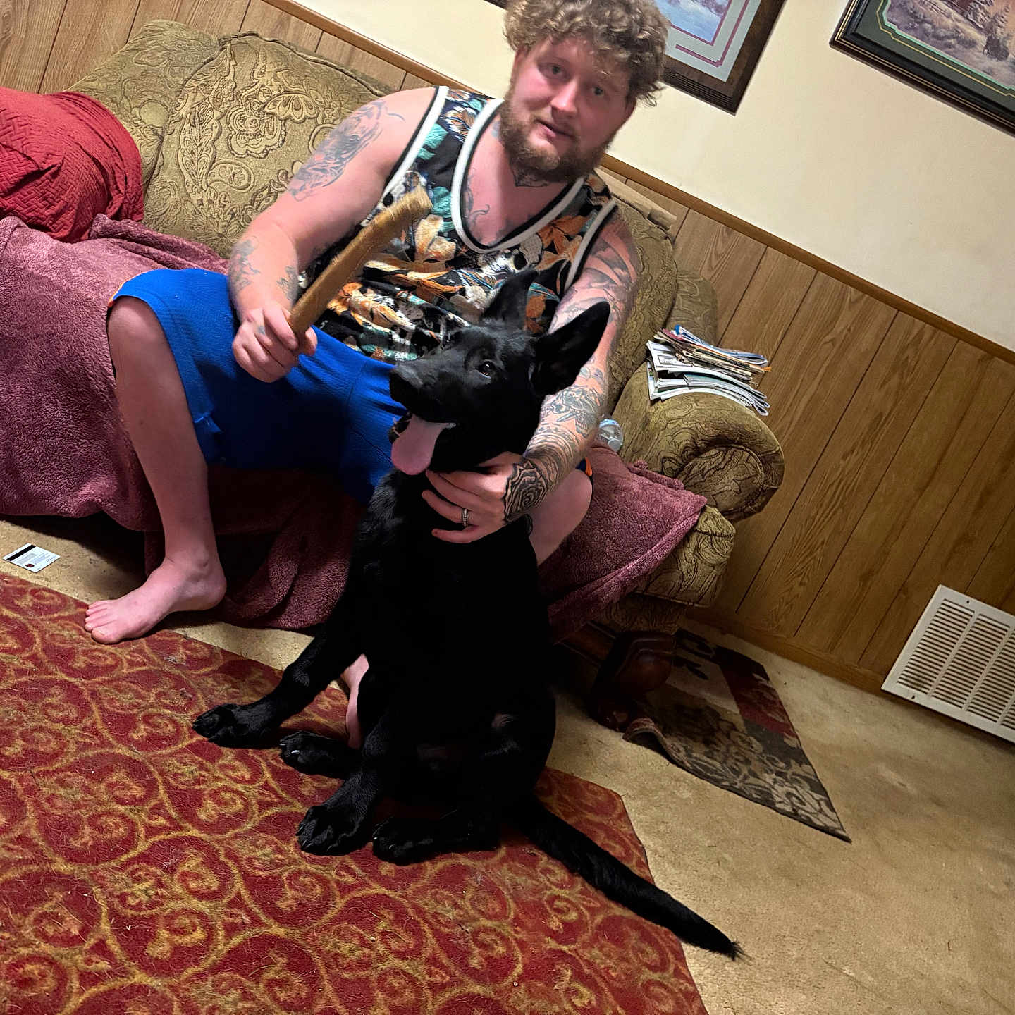 Duke joined the competition — help win amazing prizes! accessories, adult, animal, architecture, building, canine, couch, dog, furniture, indoors, interiordesign, jewelry, livingroom, male, man, person, pet, ring, room, wood