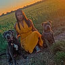 Karma participe au concours pour gagner de l'argent avec cette photo : woman, dog, sunset, field, grass, nature, outdoor, pet, animal, sunlight, yellow_dress, companion, friendship, evening, path, canine, portrait, warm_light, summer, relaxation