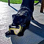 animal, backyard, ball, black_dog, canine, concrete, daytime, dog, fence, grass, nature, outdoor, pet, playful, shadow, summer, sunlight, toy, tree, wooden_pole