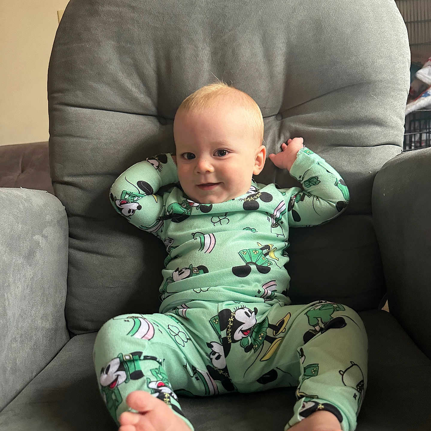 Tristin joined the competition — help win amazing prizes! armchair, baby, bodypart, chair, clothing, couch, cushion, face, finger, furniture, hand, happy, head, homedecor, pajamas, person, photography, portrait, sitting, smile