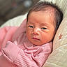 Anly joined the competition — help win amazing prizes! newborn, baby, infant, child, portrait, face, eyes, serious_expression, pink_clothing, knitwear, blanket, pillow, cozy, indoors, closeup, sitting, lying_down, soft_lighting, nursery, sleeping_area