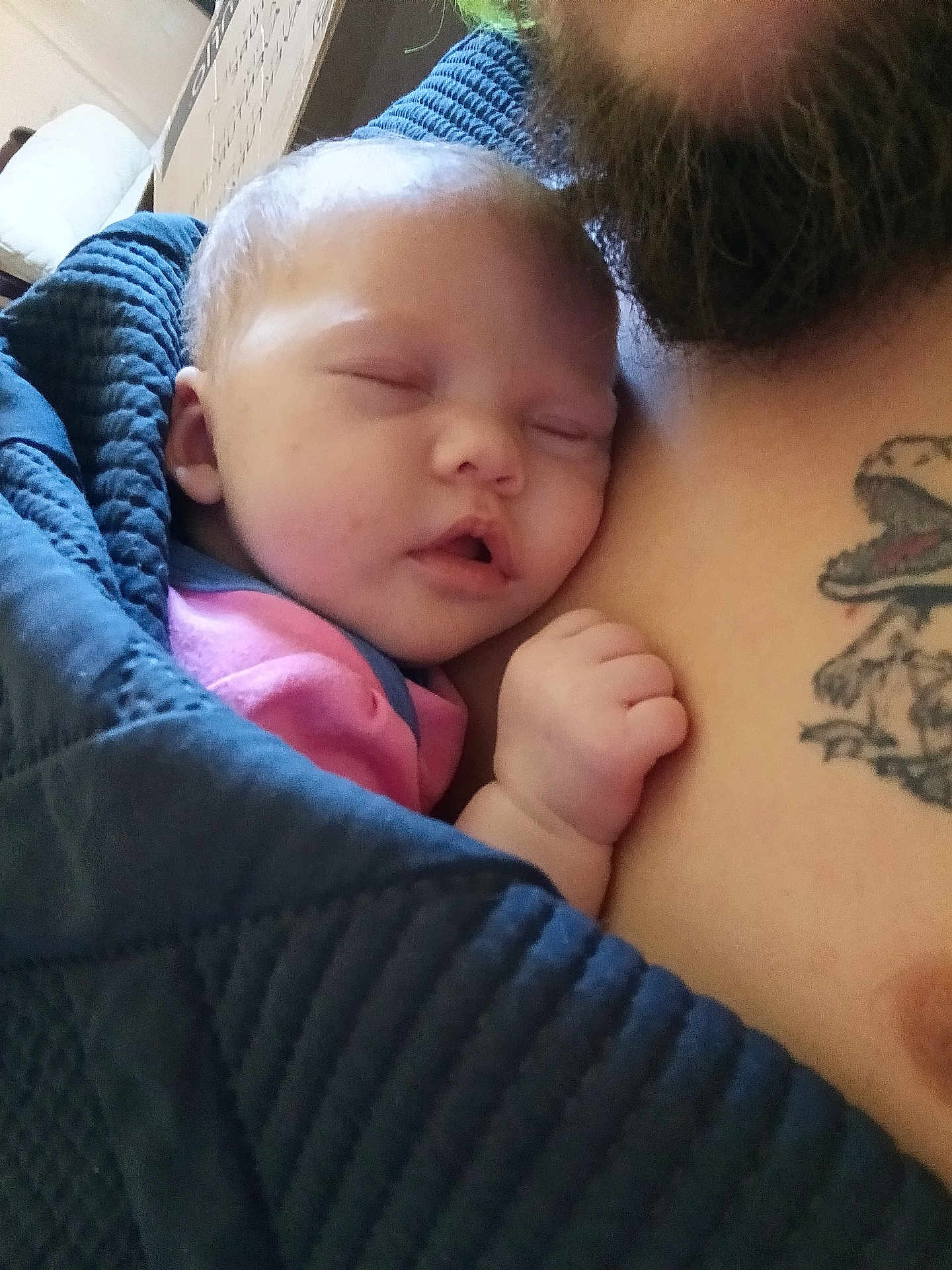 Journey joined the competition — help win amazing prizes! baby, sleeping, infant, blanket, tattoo, adult, closeup, hand, skin, face, cozy, comfort, rest, nap, cuddle, indoor, person, beard, pink_clothing, blue_blanket