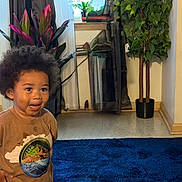 Devon joined the competition — help win amazing prizes! toddler, child, curly_hair, indoor, blue_rug, tshirt, plant, houseplant, window, curtain, floor, smiling, happy, standing, person, home, wall, pot, decor, casual_clothing