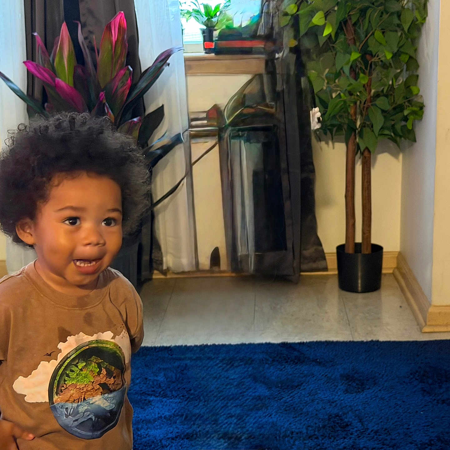 Devon joined the competition — help win amazing prizes! toddler, child, curly_hair, indoor, blue_rug, tshirt, plant, houseplant, window, curtain, floor, smiling, happy, standing, person, home, wall, pot, decor, casual_clothing