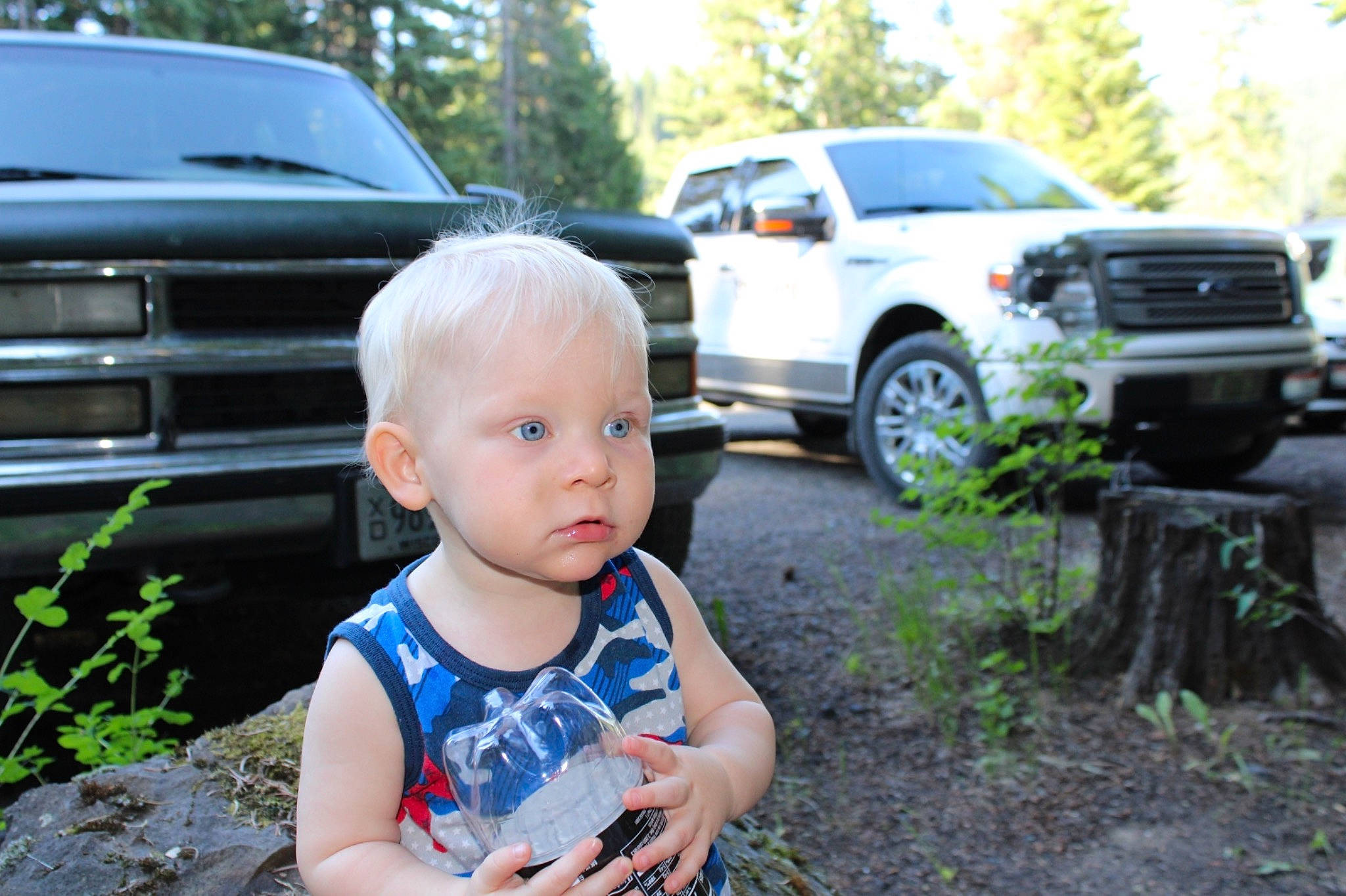 Kooper is registered to the contest to win money with this photo: automotive_design, automotive_exterior, automotive_lighting, automotive_tire, automotive_wheel_system, bumper, car, face, grass, grille, hood, land_vehicle, mammal, motor_vehicle, person, plant, rim, tire, tree, vehicle