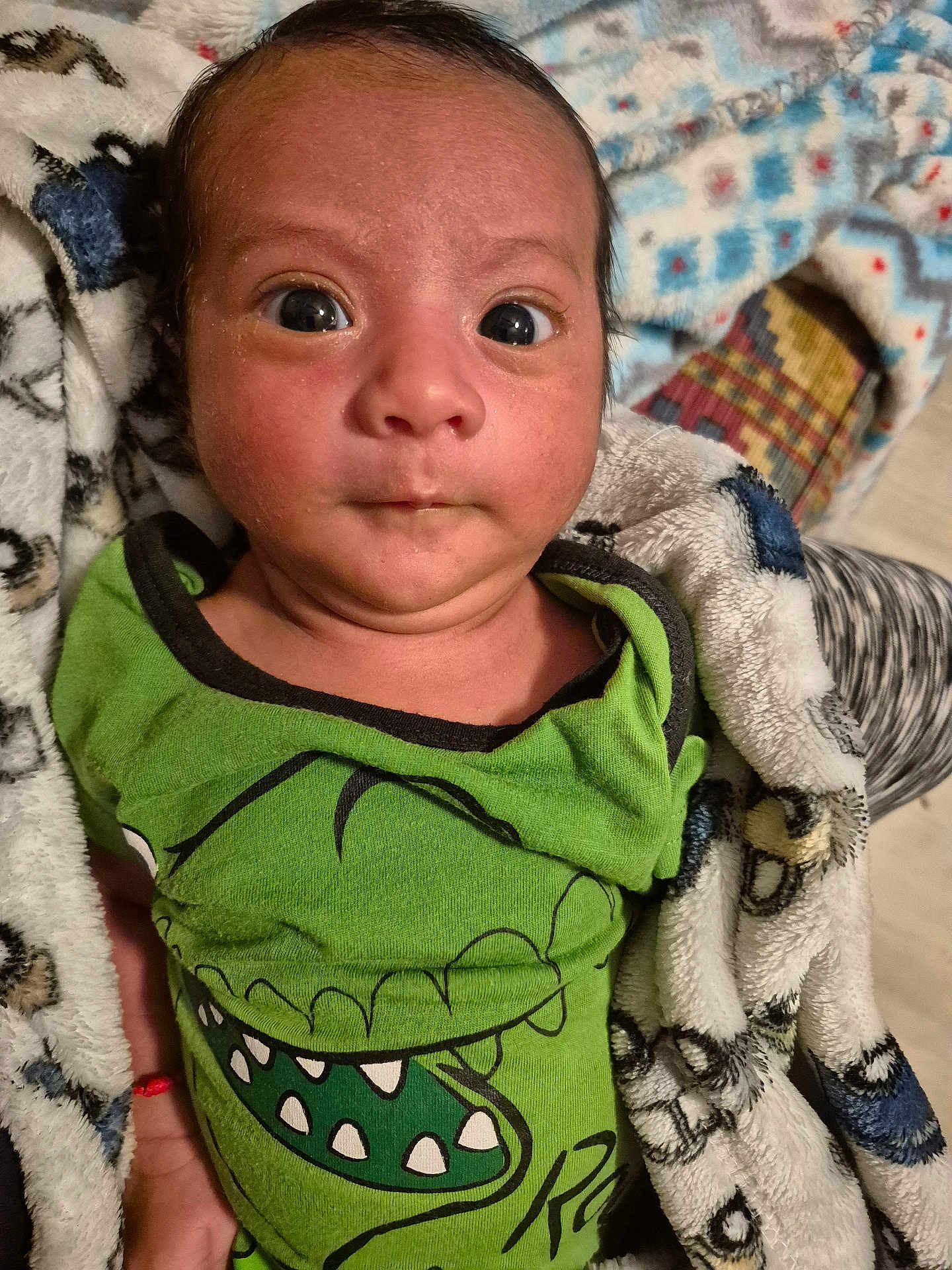 Miriam joined the competition — help win amazing prizes! baby, infant, child, face, eyes, blanket, clothing, green_shirt, dinosaur_print, expression, cute, portrait, indoor, person, newborn, skin, hand, closeup, young, soft_fabric