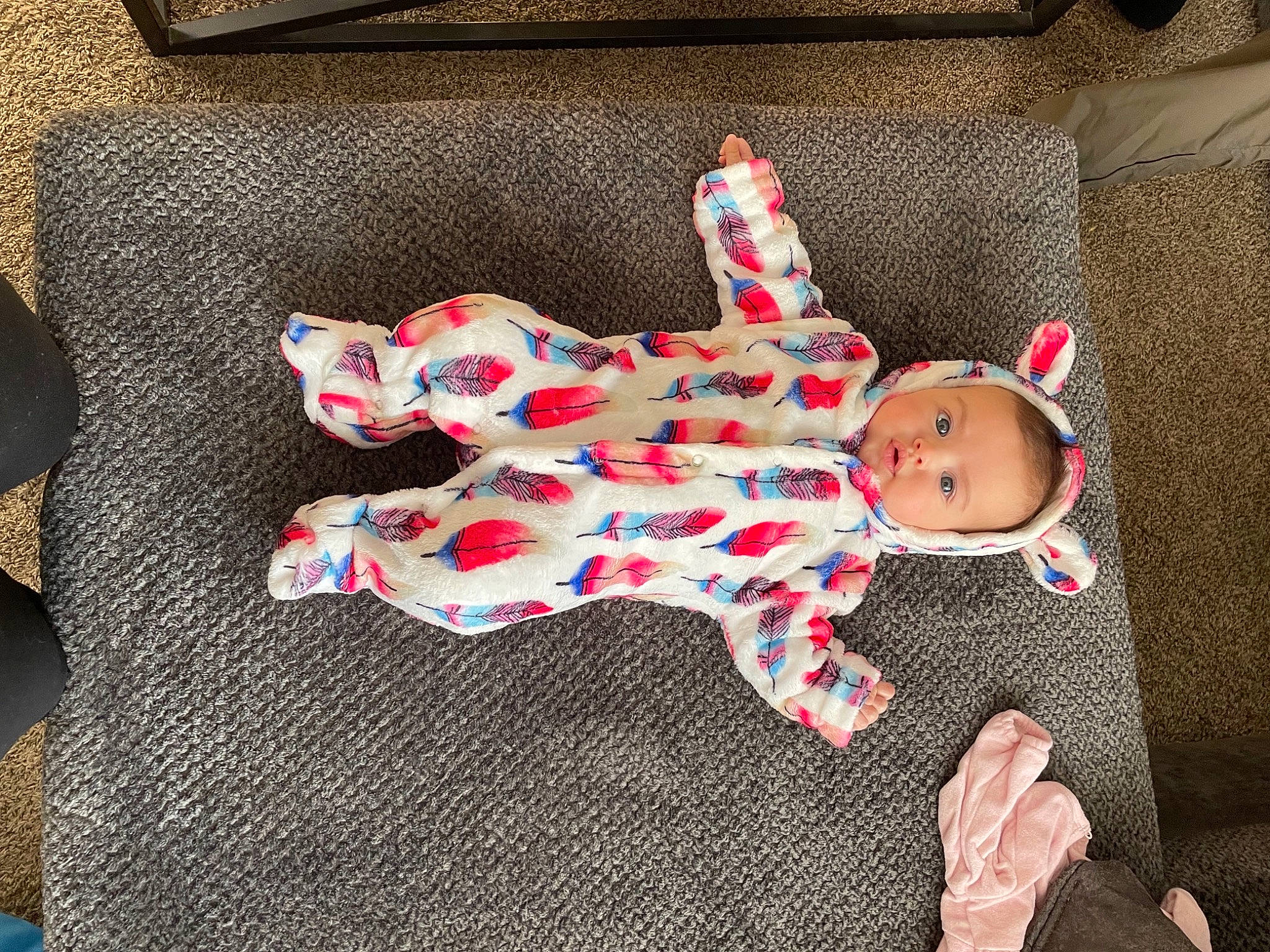 Elsie is registered to the contest to win money with this photo: baby, baby_products, baby_sleeping, baby_toddler_clothing, carmine, child, comfort, couch, linens, pattern, person, pillow, room, sleeve, sock, stuffed_toy, throw_pillow, toddler, tree, vertebrate