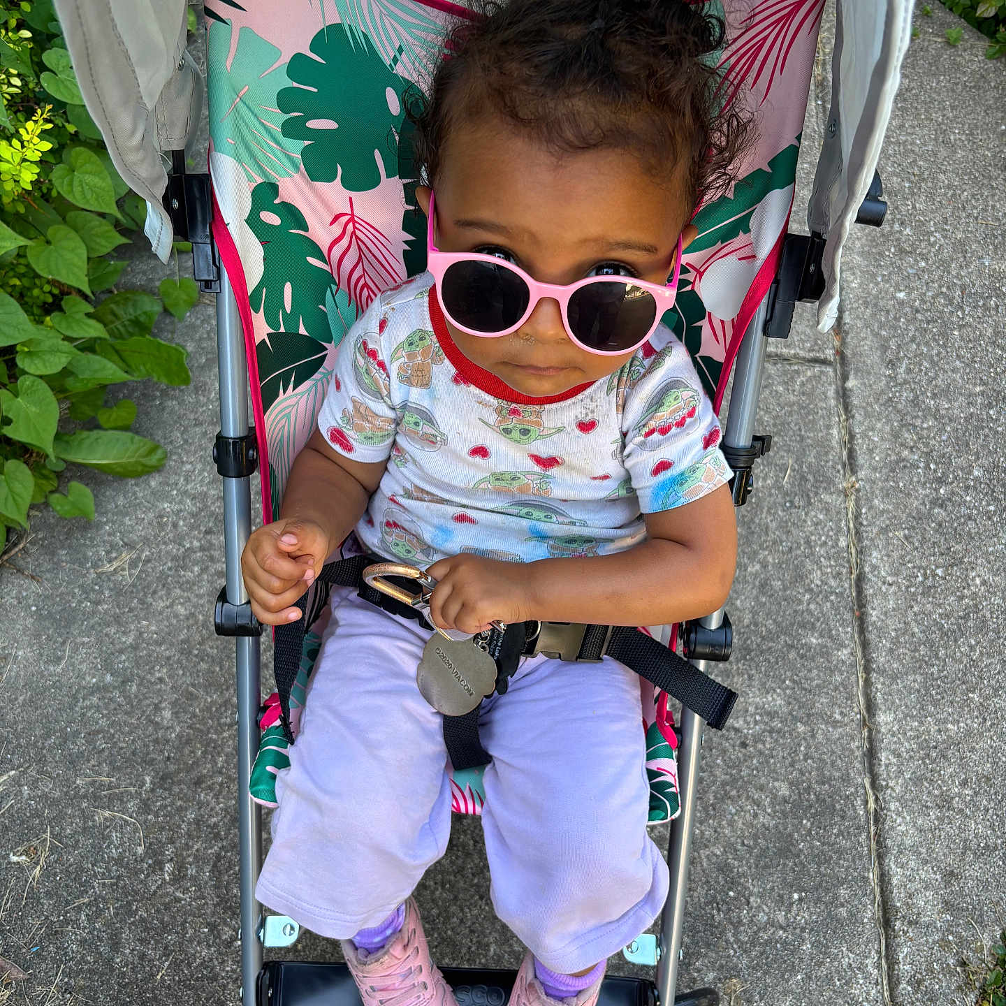 Mavis is registered to the contest to win money with this photo: baby_yoda, belt, casual_clothing, child, concrete, curly_hair, cute, footwear, greenery, leaf_pattern, outdoor, person, pink_shoes, portrait, seat, shirt, sidewalk, stroller, sunglasses, toddler